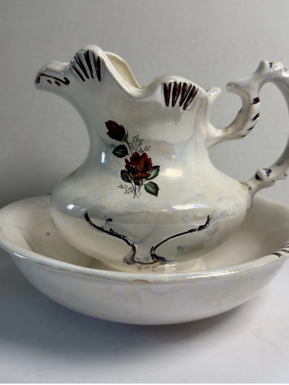 Vintage Lusterware Ceramic Water Ewer Pitcher & Basin Set Red Roses